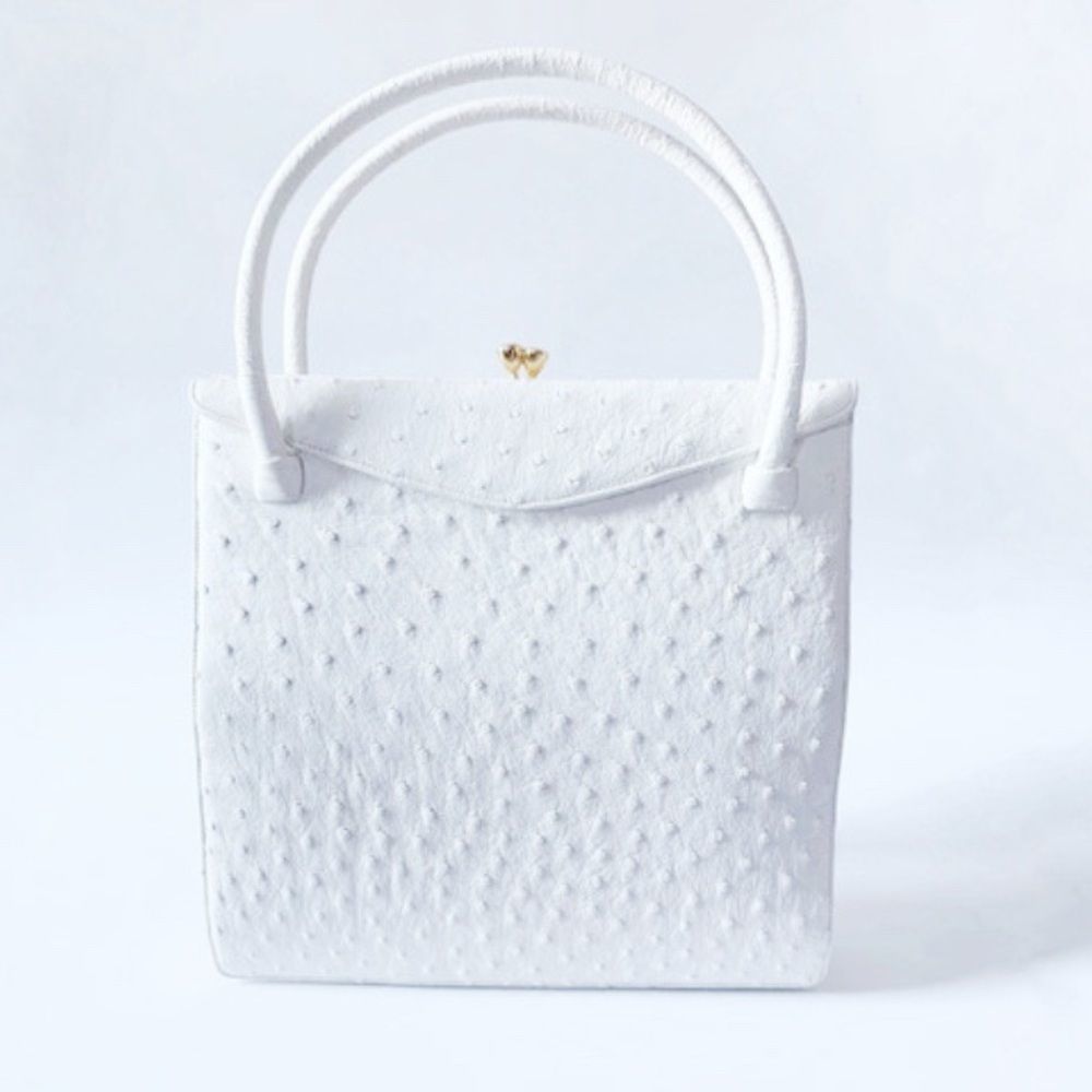 Vintage designer purse. Ostrich white leather handbag by Nettie Rosenstein. 1950